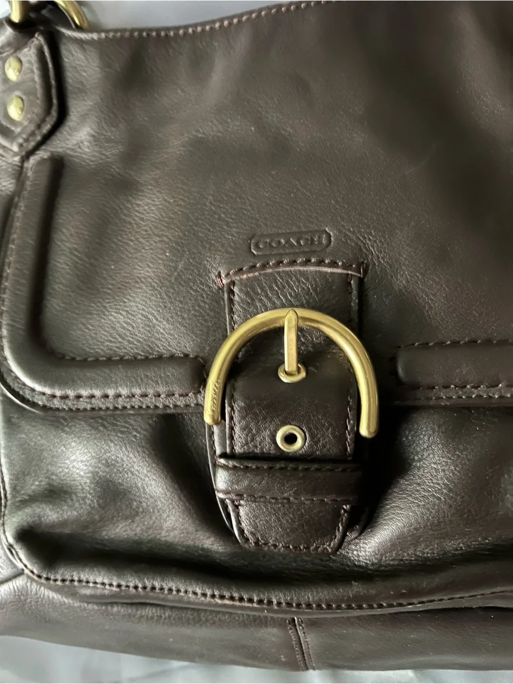Coach Brown Leather Shoulder Bag with Gold Buckle